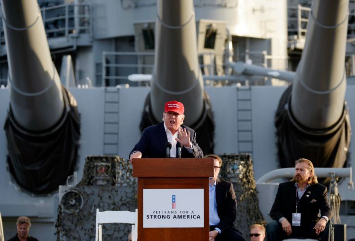 Republican presidential candidate Donald Trump speaks during a campaign event aboard the USS Iowa battleship in Los Angeles Tuesday Sept. 15 2015