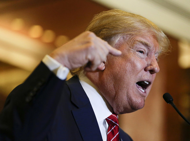 Republican presidential candidate Donald Trump talks about his tax plan during a news conference Monday Sept. 28 2015 in New York. The Republican front-runner is calling for an overhaul of the tax code that would eliminate income taxes for millions