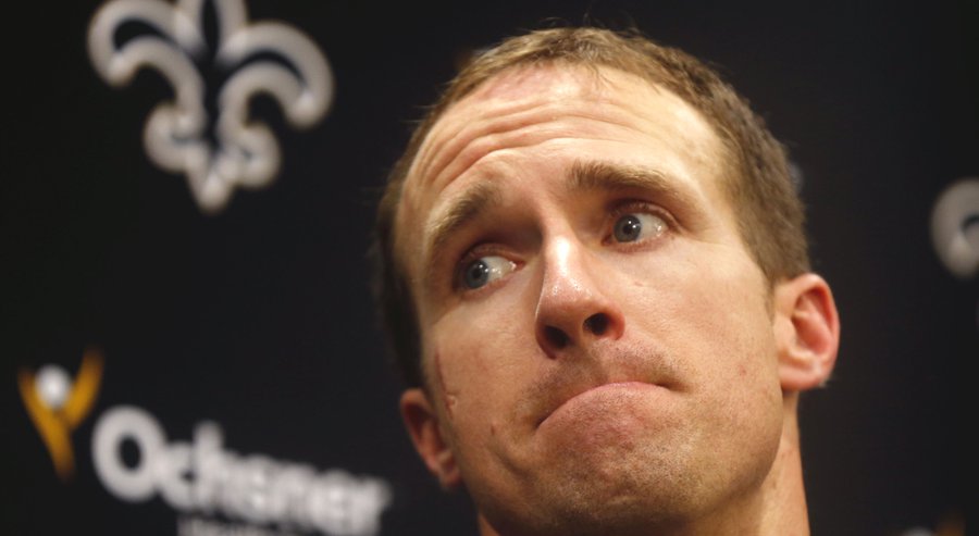 New Orleans Saints quarterback Drew Brees talks to the media regarding his shoulder injury from last Sunday's game against the Tampa Bay Buccaneers during a news conference at their NFL football training facility in Metairie La. Wednesday Sept. 23