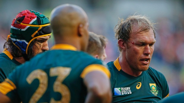 South Africa's Schalk Burger right and Victor Matfield left cut dejected
figures after their shock loss to Japan