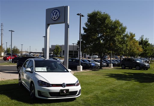 Volkswagens are on display on the lot of a VW dealership in Boulder Colo. Thursday Sept. 24 2015. Volkswagen is reeling days after it became public that the German company which is the world's top-selling carmaker had rigged diesel emissions