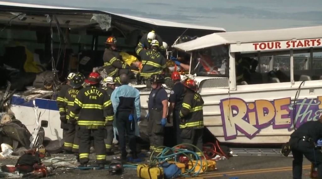 Four people are dead and 9 injured in a Seattle Ride the Ducks tour boat that collided with a bus on Thursday Sept. 24 2015 according to Seattle Fire Department tweet.
**Embargo Seattle WA