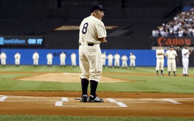 Former New York Yankee Yogi Berra at home plate at Yankee Stadium in 2008