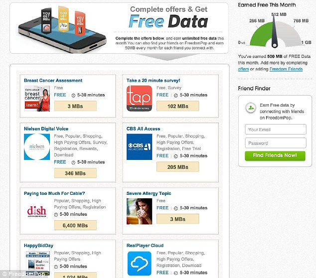 FreedomPop lets users earn extra data by taking surveys. Offers range from 10 MBs for rating an app to 2.5GBs for a completing a 10-minute survey