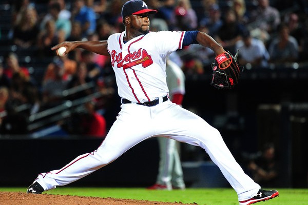 Arodys Vizcaino #38 of the Atlanta Braves throws a ninth inning pitch against the Philadelphia Phillies at Turner Field