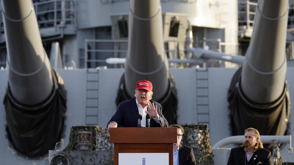 Republican presidential candidate Donald Trump speaks during a campaign event aboard the U.S.S. Iowa battleship in Los Angeles Tuesday