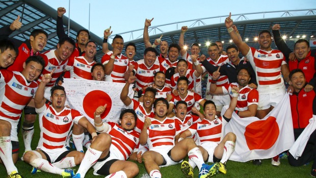 Japan players after the win over South Africa during the Rugby World Cup 2015 Pool B match