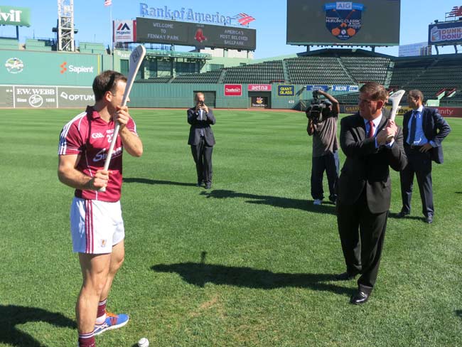 Irish hurling is coming to Fenway Park for the first time in 60 years! Galway player David Collins with Boston Mayor Marty J. Walsh