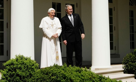 George W. Bush and Pope Benedict XVI stand outside the Oval Office in 2008