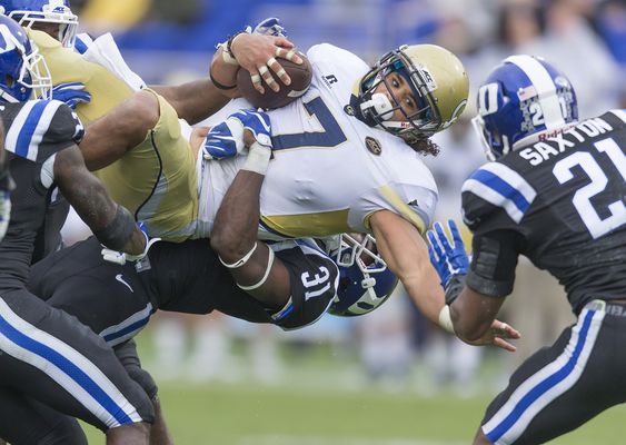 Skov is brought down by Duke's Breon Borders after picking up a first down during the second half of an NCAA college football game in Durham N.C. Saturday Sept. 26 2015. Duke won 34-20