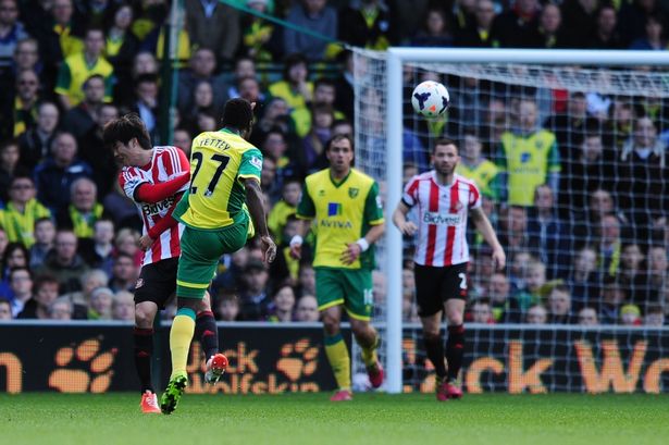 Alex Tettey of Norwich City scores their second goal during the Barclays Premier League match between Norwich City and Sunderland at Carrow Road