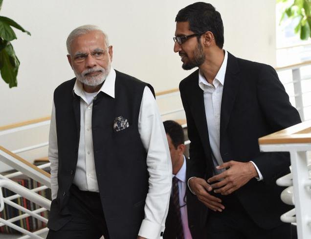 Prime Minister Narendra Modi takes a tour of Google HQ with CEO Sundar Pichai in Mountain View California on Sunday