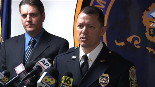 In this image from video Pocono Regional Police Chief Chris Wagner right and Monroe County Assistant District Attorney Michael Rakaczewski hold a news conference at the police station in Pocono Summit Pa. on Tuesday Sept. 15 2015 to discuss charge