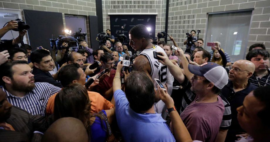 San Antonio Spurs La Marcus Aldridge is surrounded as he gives an interview during media day Monday Sept. 28 2015 in San Antonio