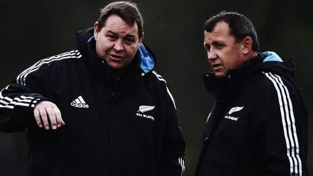 All Blacks head coach Steve Hansen talks tactics with assistant coach Ian Foster