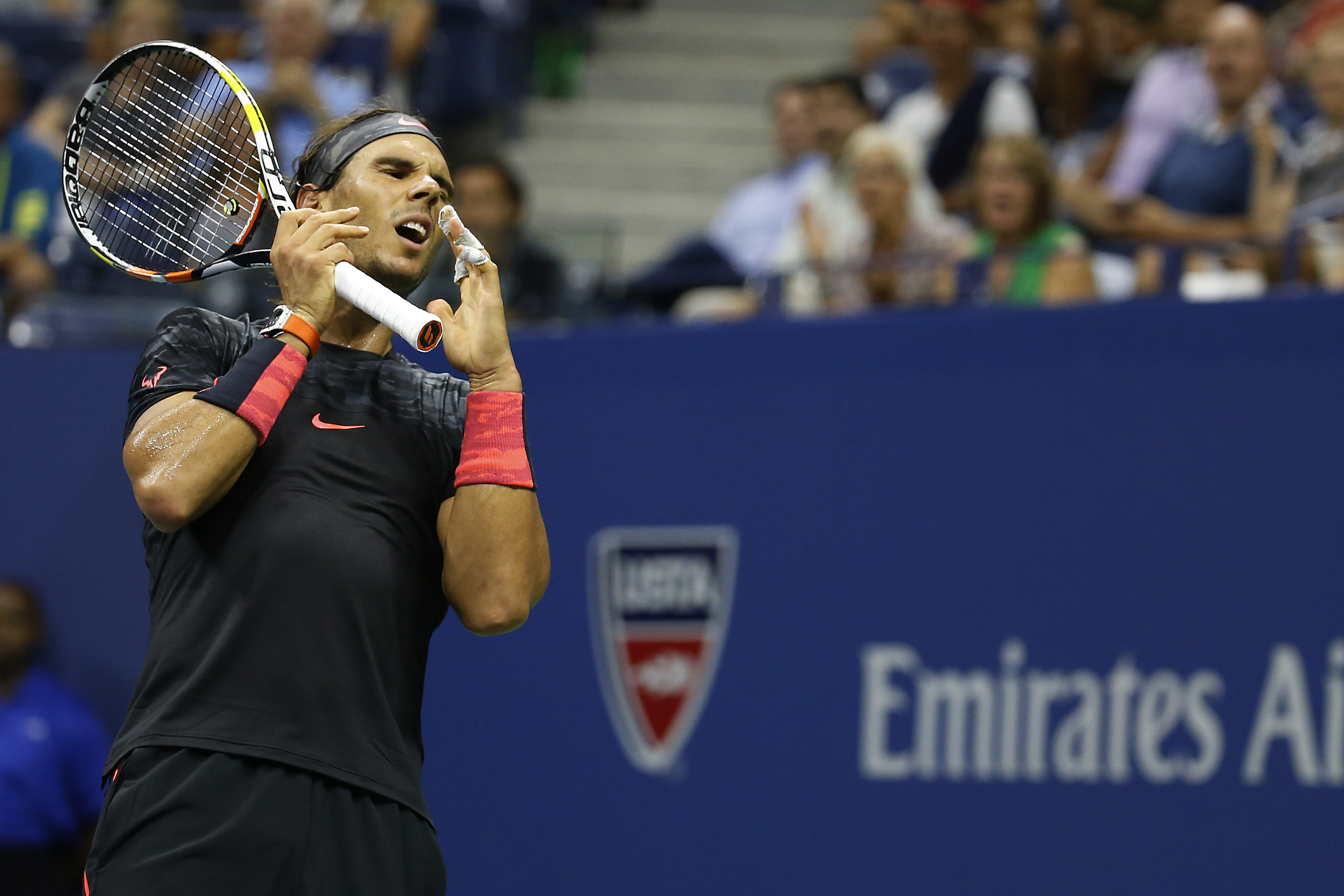 Sep 4 2015 New York NY USA Rafael Nadal of Spain reacts after missing a shot against Fabio Fognini of Italy on day five of the 2015 U.S. Open tennis tournament at USTA Billie Jean King National Tennis Center. Fognini won 3-6 4-6 6-4