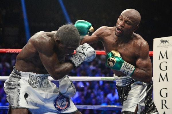 Floyd Mayweather and Andre Berto box during their WBAWBC welterweight title bout at MGM Grand Garden Arena. Mayweather won via unanimous decision