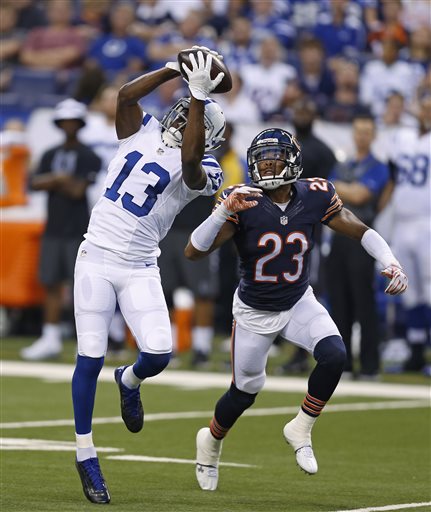 Indianapolis Colts wide receiver T.Y. Hilton makes a catch in front of Chicago Bears cornerback Kyle Fuller during the first half of an NFL preseason football game in Indianapolis Saturday Aug. 22 2015