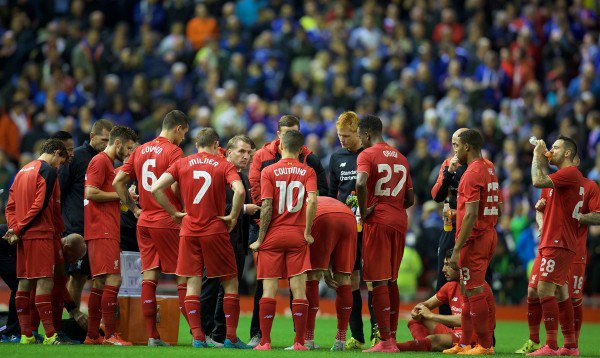 Liverpool's manager Brendan Rodgers giving team talk as the game goes into extra time during the Football League Cup 3rd Round match at Anfield