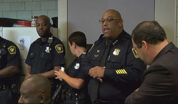 Interim Police Chief Eliot Isaac making an unexpected visit during this afternoon's roll call