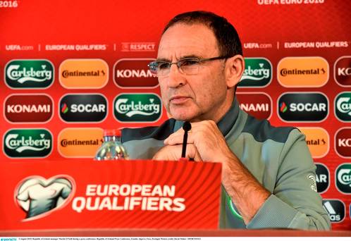 3 August 2015 Republic of Ireland manager Martin O'Neill during a press conference. Republic of Ireland Press Conference Estadio Algarve Faro Portugal