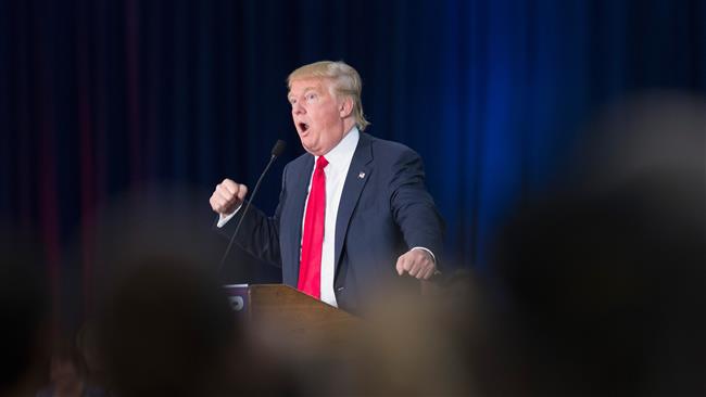 Republican presidential candidate Donald Trump speaks to guests gathered for a campaign event at the Grand River Center