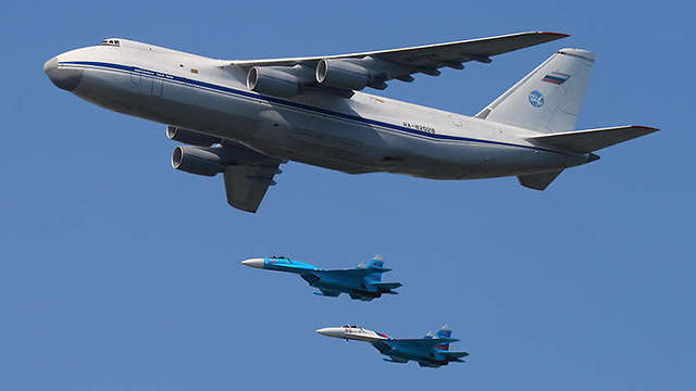 AN-124 acompained with two SU-27 fighter jets