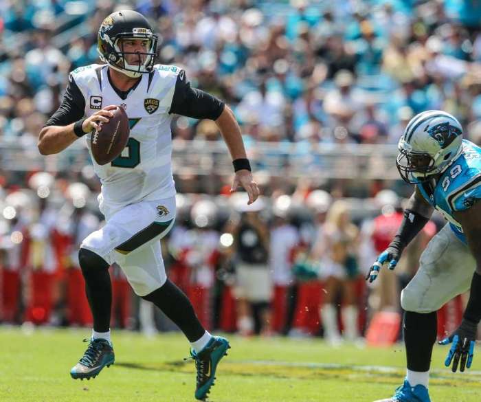 Jaguars quarterback Blake Bortles looks for a receiver during the opener against the Carolina Panthers on Sunday at Ever Bank Field. Gary McCullough  For The Times-Un