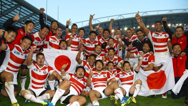 Cherry Blossoms Japan players celebrate after defeating South Africa