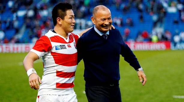 Japan head coach Eddie Jones and Kosei Ono celebrate victory after the match against South Africa
Reuters  Eddie Keogh