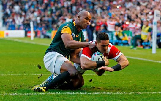 Rugby Union- South Africa v Japan- IRB Rugby World Cup 2015 Pool B- Brighton Community Stadium Brighton England- 19/9/15
Japan's Karne Hesketh scores their third try
Reuters  Eddie Keogh
Livepic