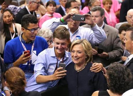 Hillary Clinton posed for a selfie after speaking at the annual New Hampshire Democratic Party convention on Saturday