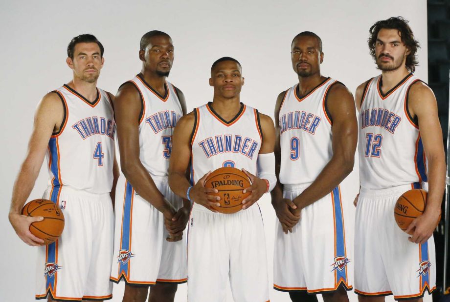 Oklahoma City Thunder players from left Nick Collison Kevin Durant Russell Westbrook Serge Ibaka and Steven Adams pose for