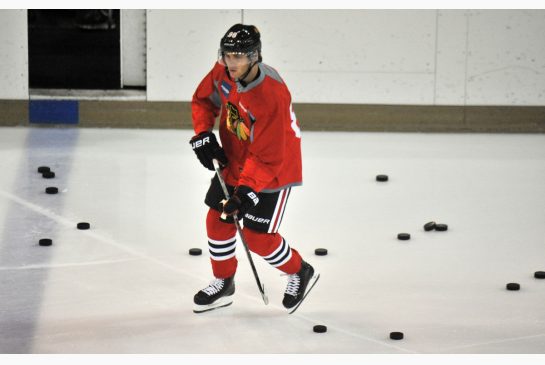 Patrick Kane participates in Chicago Blackhawks NHL hockey training camp on the campus of the University of Notre Dame in South Bend Ind. Friday