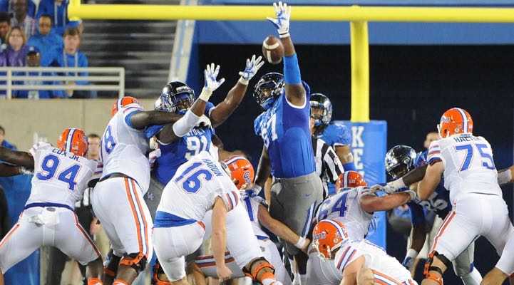 Kentucky’s special team’s unit blocks a field goal attempt in a 14-9 loss to Florida Saturday night