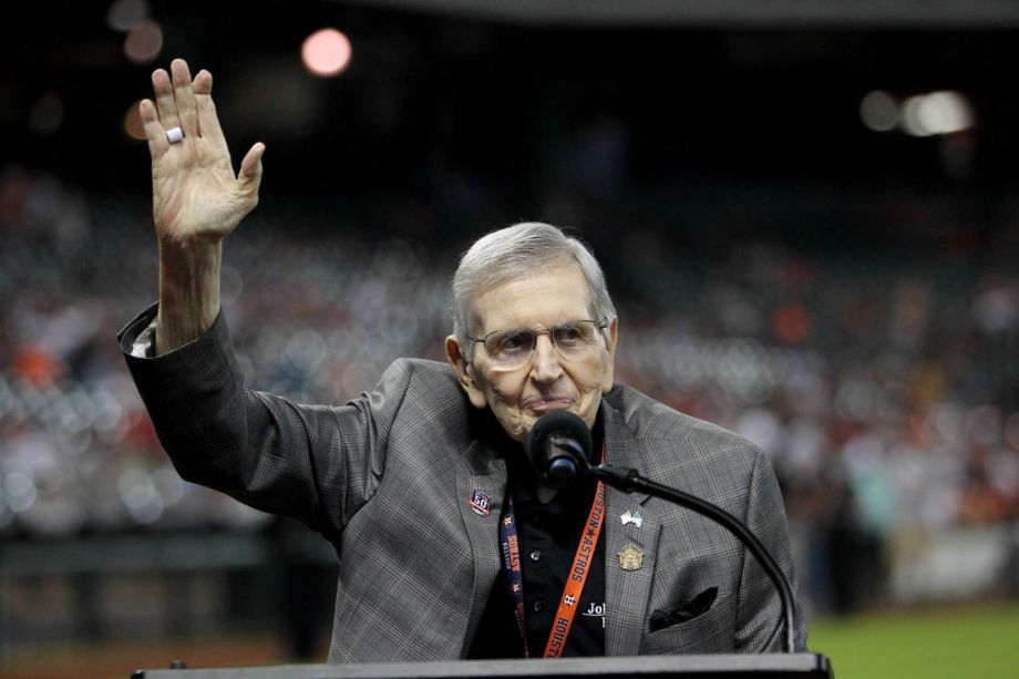 Hall of Fame broadcaster Milo Hamilton introduces the six members from the first 1965 Astros team before the start of a game played at Minute Maid Park Saturday