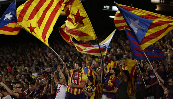 20 2015 FC Barcelona's supporters hold'estelada  flags that symbolise Catalonia's independence during a Spanish La Liga soccer match between FC Barcelona and Levante at the Camp Nou stadium in Barcelona Spain. Sp