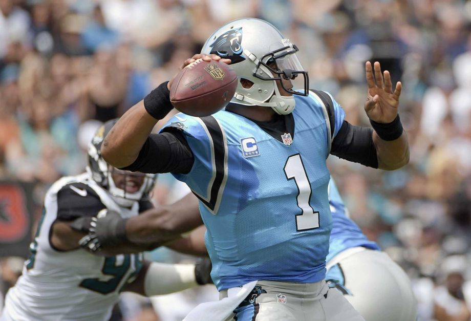 Carolina Panthers quarterback Cam Newton throws a pass against the Jacksonville Jaguars during the first half of an NFL football game in Jacksonville Fla. Sunday Sept. 13 2015