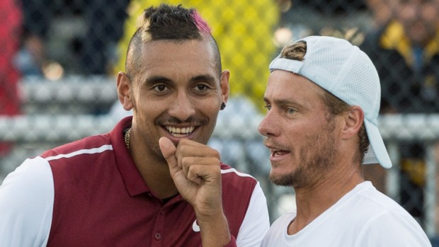 Nick Kyrgios and Lleyton Hewitt have a laugh during day two of this year's Rogers Cup in Montreal Canada