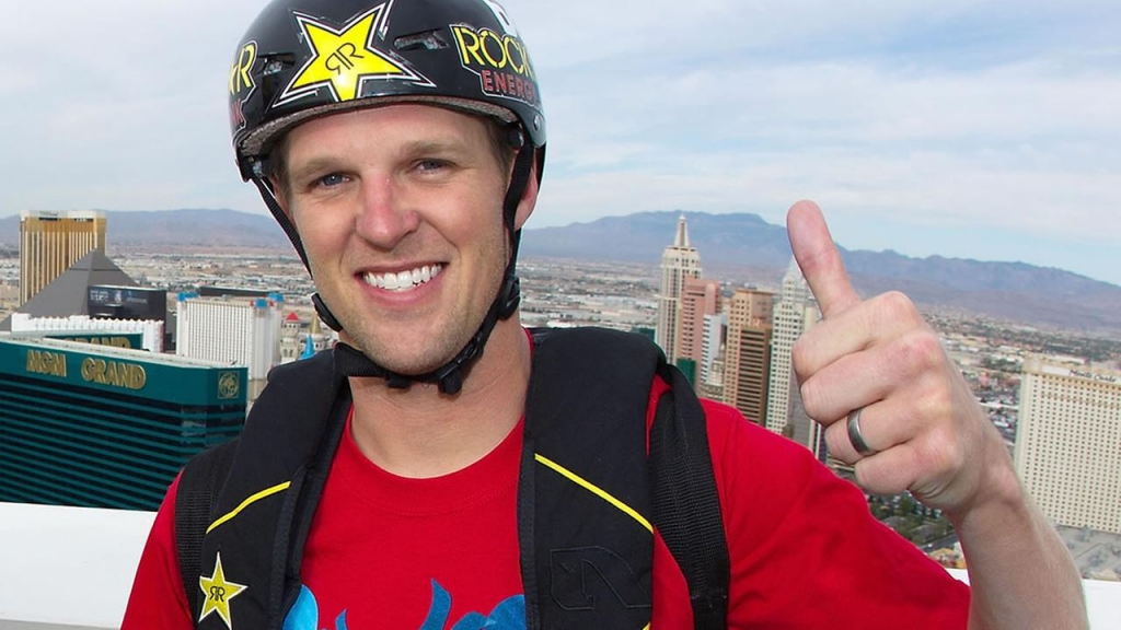 Erik Roner overlooks the Las Vegas strip as he prepares for base jumping off The Signature at the MGM Grand Hotel and Casino on Wednesday