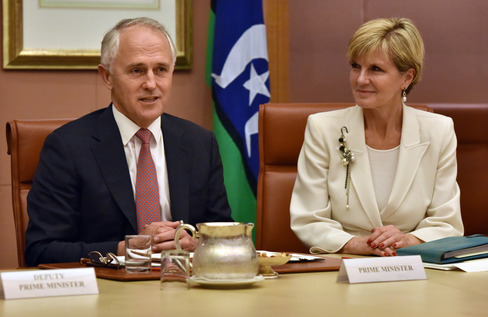 Malcolm Turnbull Australia's prime minister left speaks as Julie Bishop Australia's foreign minister looks