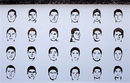 Portraits of some of the 43 missing teacher's college students are depicted on an Amnesty International billboard erected inside a protest camp where relatives were rallying in the Zocalo Mexico City's main square Wednesday Sept. 23 2015. D