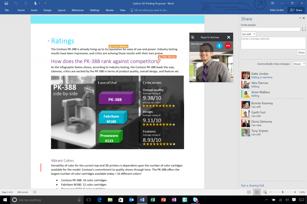 MicrosoftReal-time collaboration in Microsoft Word 2016 with a Skype for Business chat on the side