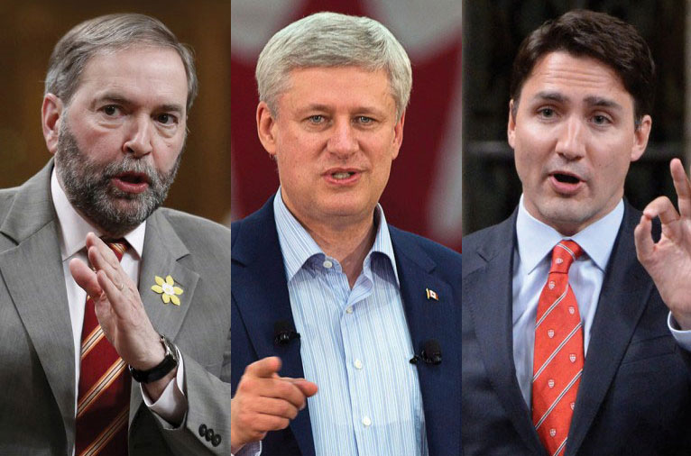 NDP Leader Thomas Mulcair Conservative Leader Stephen Harper and Liberal Leader Justin Trudeau. MACLEAN'S