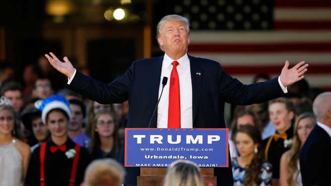 Republican presidential candidate businessman Donald Trump speaks during a rally at Urbandale High School Saturday Sept. 19 2015 in Urbandale Iowa. On Monday Sept. 21 2015 Threshold Editions announced Monday that Donald Trump will have a new book