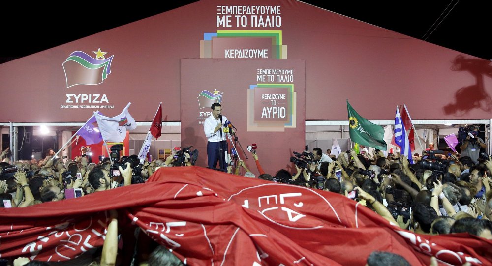 Former Greek prime minister and leader of leftist Syriza party Alexis Tsipras addresses supporters after winning the general election in Athens Greece