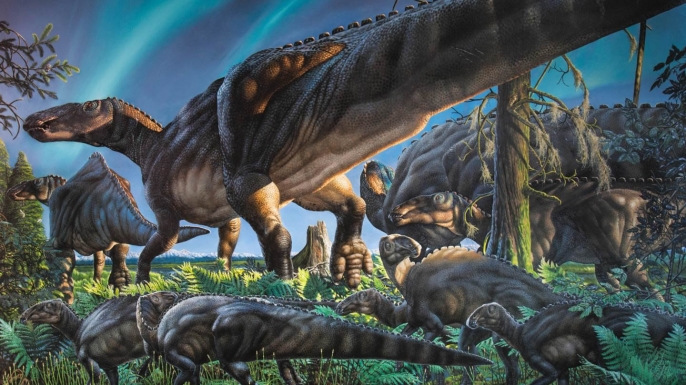 This original painting by James Havens depicts Ugrunaaluk kuukpikensis the new species of duck-billed dinosaur that lived in ancient Alaska during the Cretaceous Period