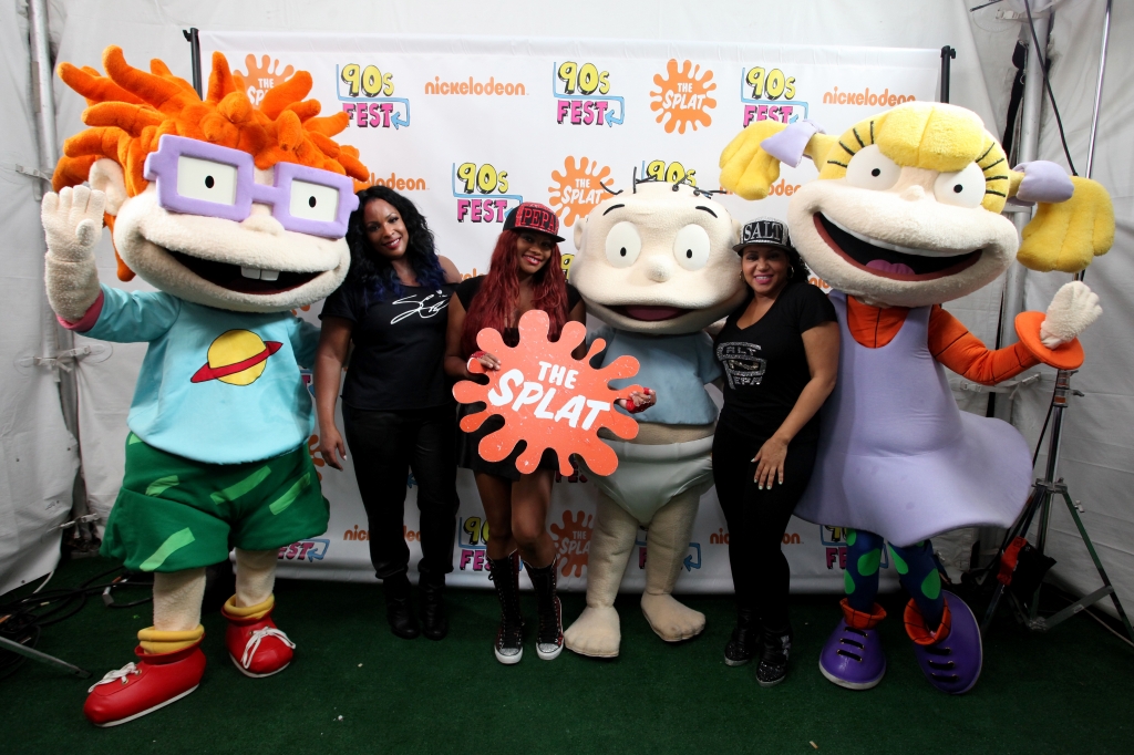 Spinderella Pepa and Salt pose with Rugrats at the Nickelodeon sponsored 90sFEST Pop Culture and Music Festival