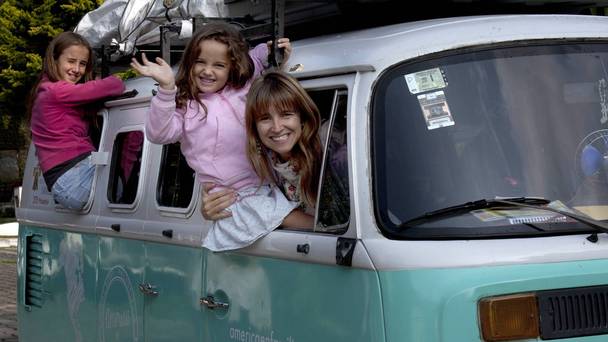 Noel Zemborain and two of her children Cala 12 left and Mia five in Francisca their 1980 Volkswagen van