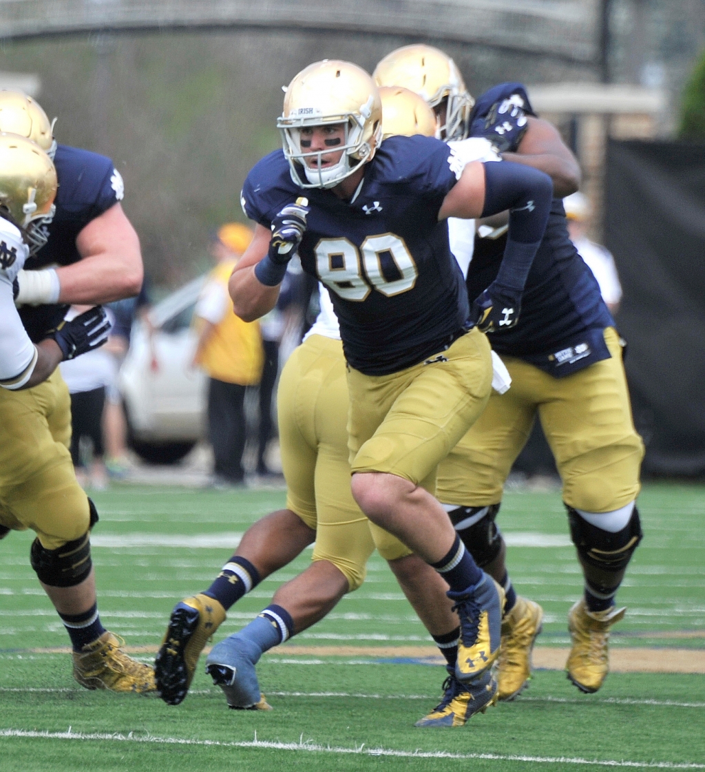 Notre Dame tight end Durham Smythe heads down field during the Blue Gold spring NCAA college football game in South Bend Ind. Smythe knows heading into Saturday nights Sept. 5 season-opener against Texas